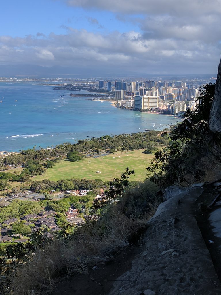 View of Waikiki beach, greenery and cityscape