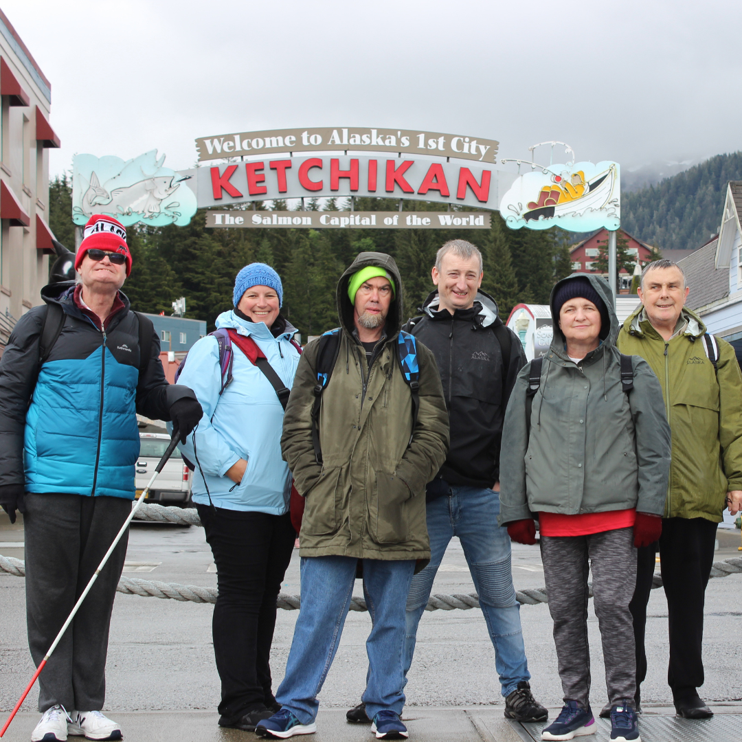 Small group with disabilities travelling on tour with Leisure Options to Ketchikan, Alaska.